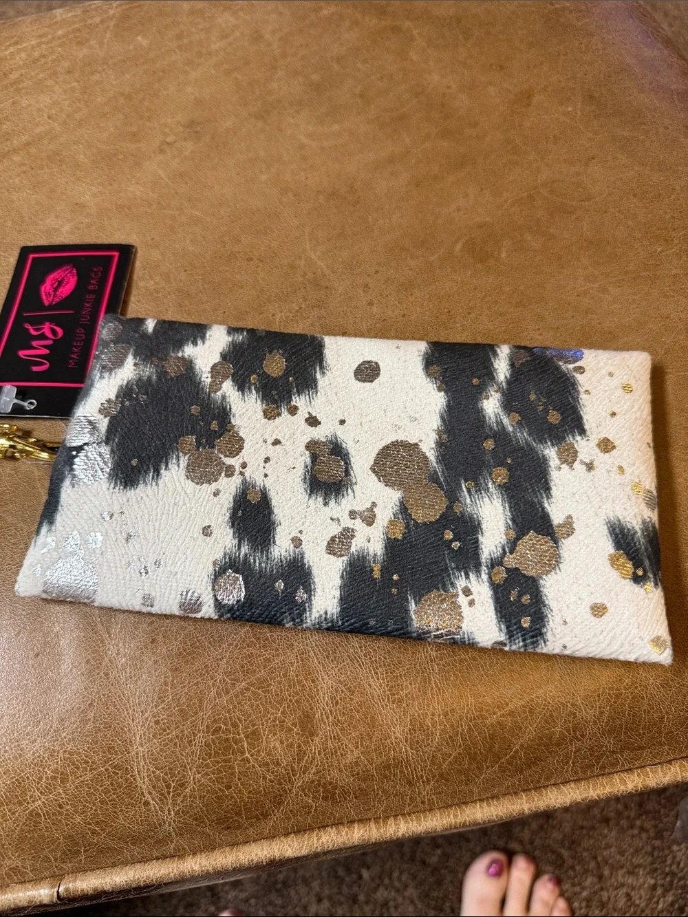 Makeup Junkie Black & White Cowhide Zip Pouch with Tassel
